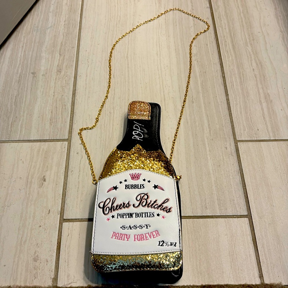 Cheers B*tches Gold and Black Bottle Shaped Clutch